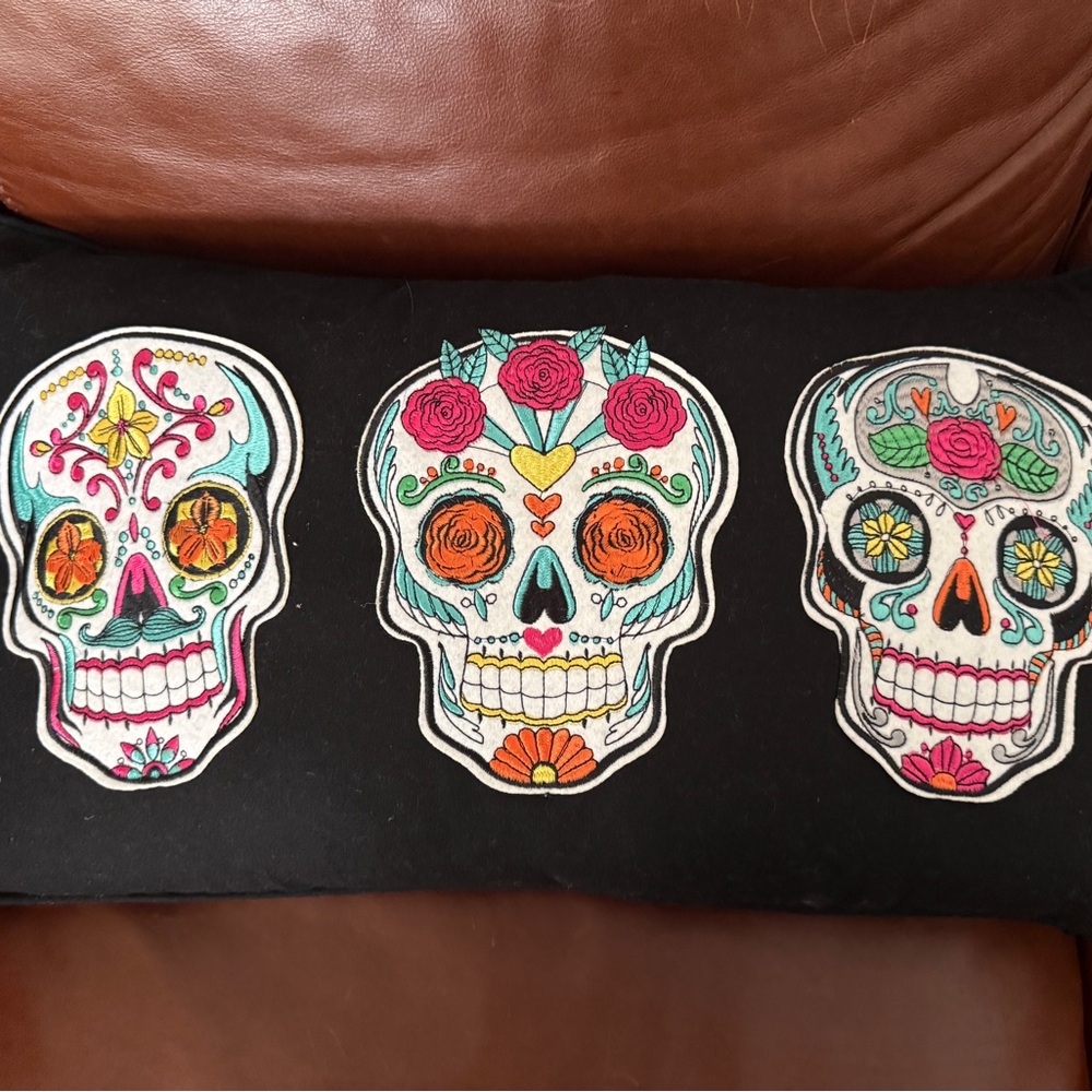 FAO Schwarz Black Pillow with Colorful Sugar Skulls